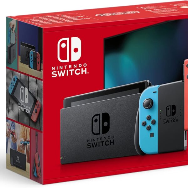 Nintendo Switch-Konsole mit neonblauen und neonroten Joy-Cons